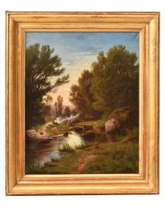 DIPINTI ANTICHI, QUADRI PAESAGGI CON LAVANDAIE E FIUME, OLIO SU TELA, DELL'800. (QP739)